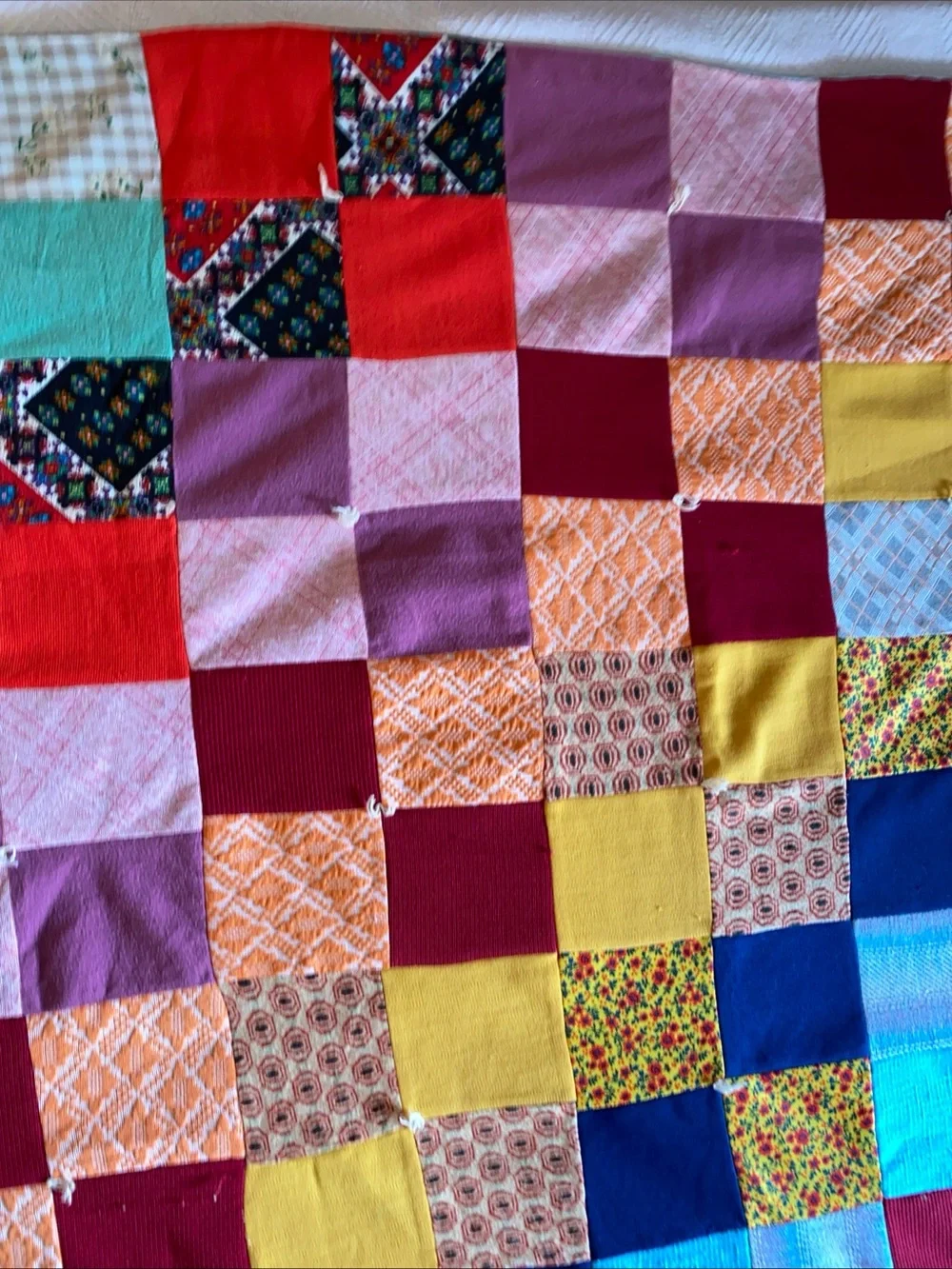 Vintage 1970s Colorful Polyester/Cotton Patchwork Quilt Hand Tied 64” X 56” -B7